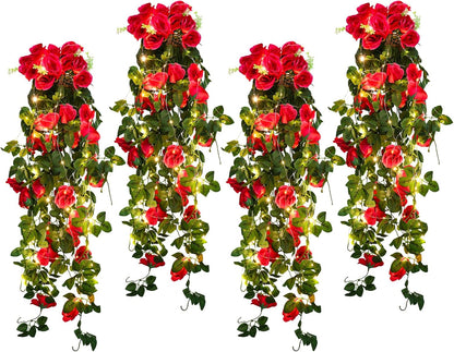 RECUTMS 4 Pack Artificial Plants Fake Hanging Flowers Faux Ivy Vines with LED Fairy Lights Plastic Outdoor UV Resistant for Home Window Garden Office Patio (Rose red)