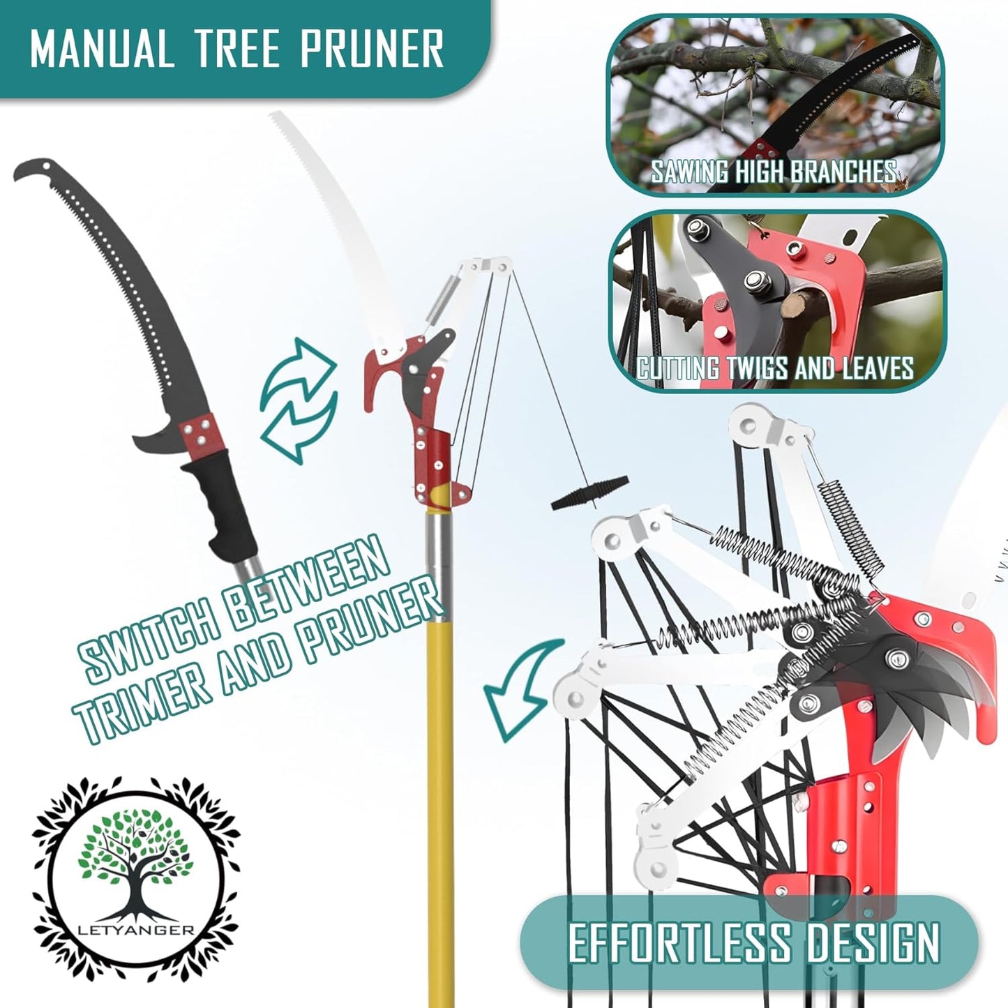 Pole Saws for Tree Trimming, 7.3-27 ft Extendable Tree Trimmers Long Handle Pruner, Sharp Steel Blade and Scissors High Branches Trimming, Tree Pruner, Tree Saw (7.3-27 ft with Scissors)