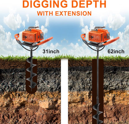 72CC Newly Upgraded Post Hole Digger Gas Powered, 2 Stroke Auger Post Hole Digger with 3 Drill Bits (4" &6" & 12") + 2 Extension Rod for Planting - Ideal for Farm & Garden