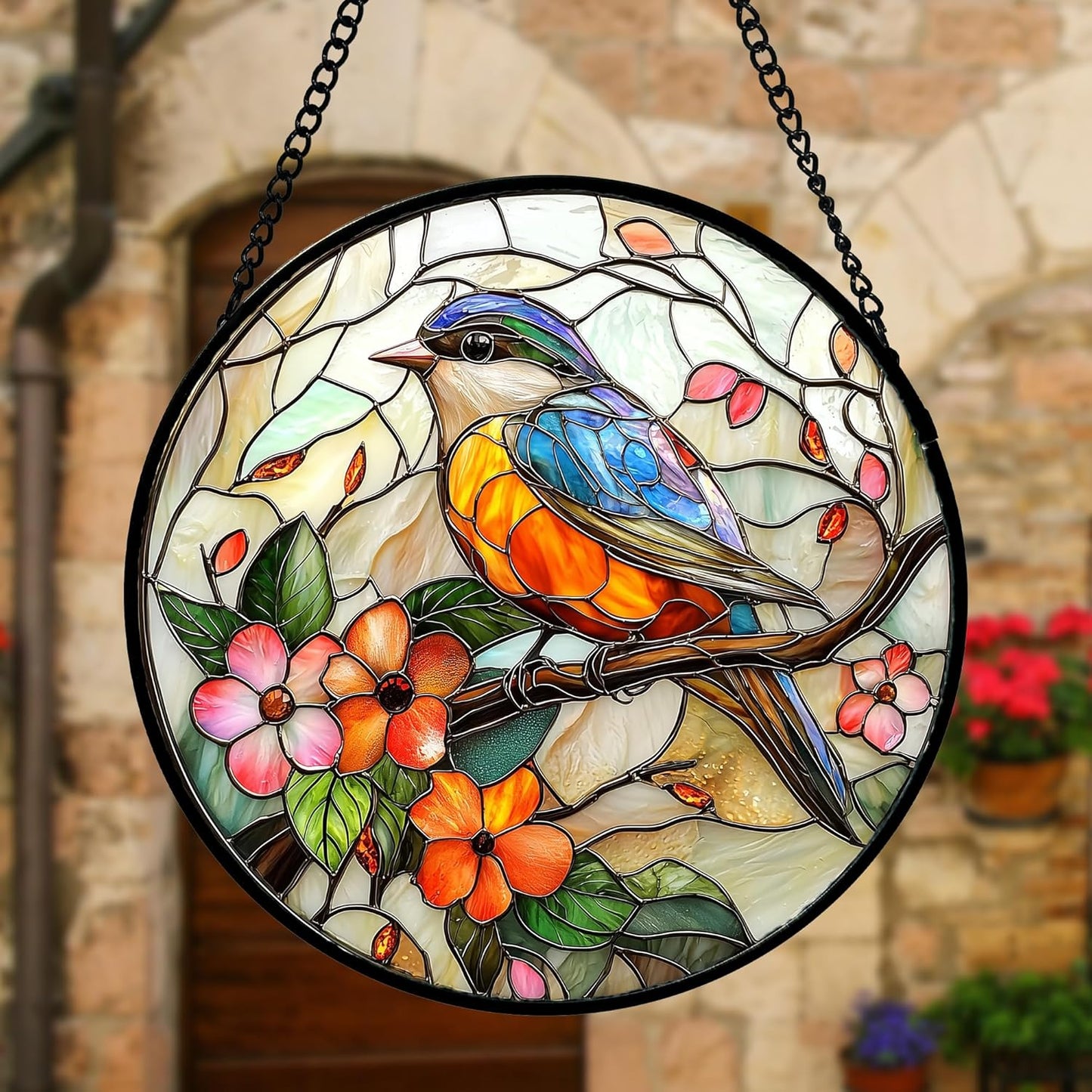 Stained Glass Window Hanging, Blue Bird Pink Flower Suncatcher Diamond Glass Panel Bird Sun Catchers Decor for Birthday for Women, Men, Wife, Aunt, and Mom 7.8 in