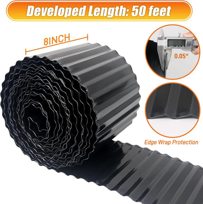 Corrugated Metal Garden Edging, 8"×50Ft Landscape Edging Border for DIY Lawn, Flower Bed and Garden Fence, Metal Garden Edging for Landscaping, Yard and Tree Surrounds Borders, Black