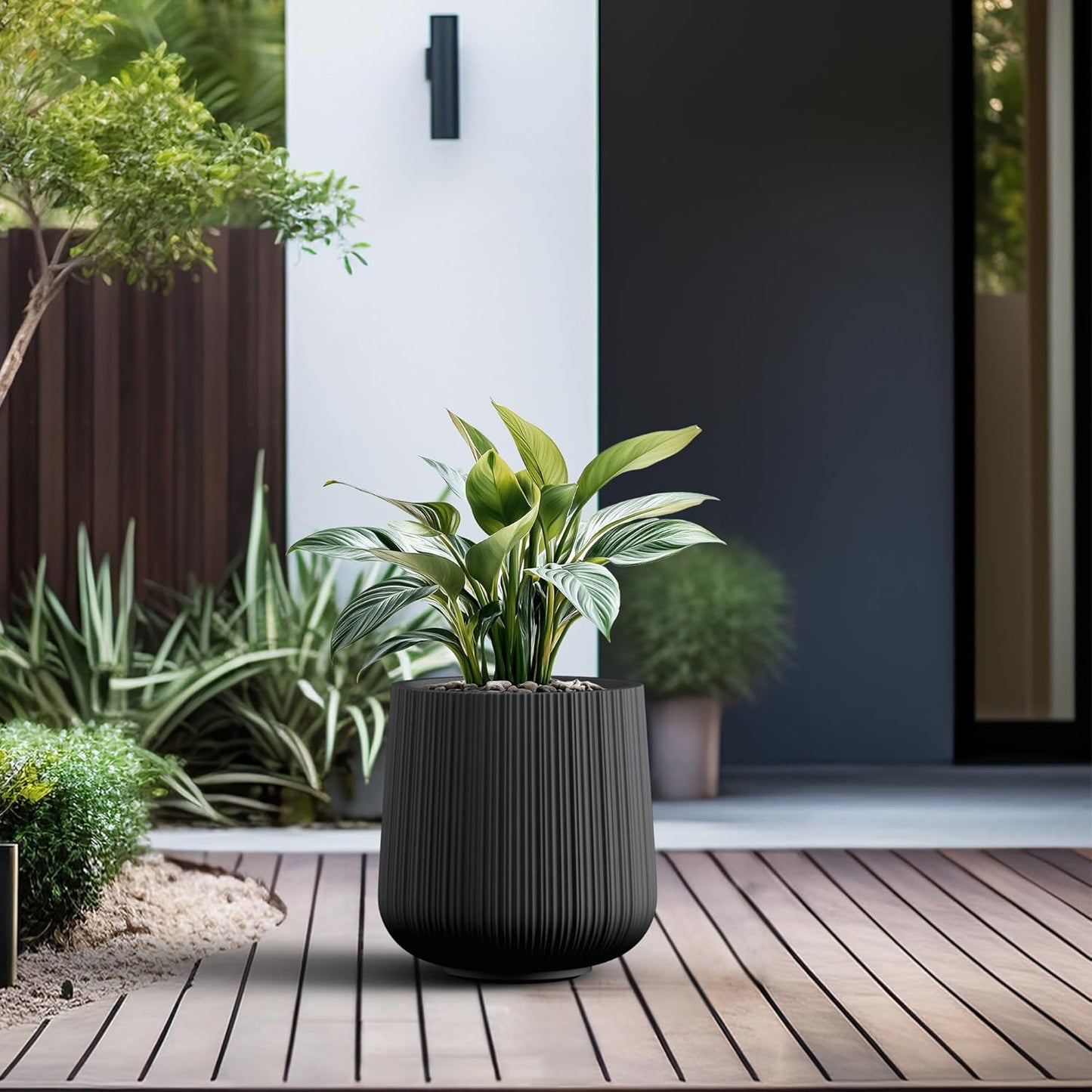 Kante 13.0" Dia Round Fluted Concrete Planter, Large Plant Pot with Drainage, Smooth Black Finish with Warm Brown Interior, for Indoor and Outdoor Use