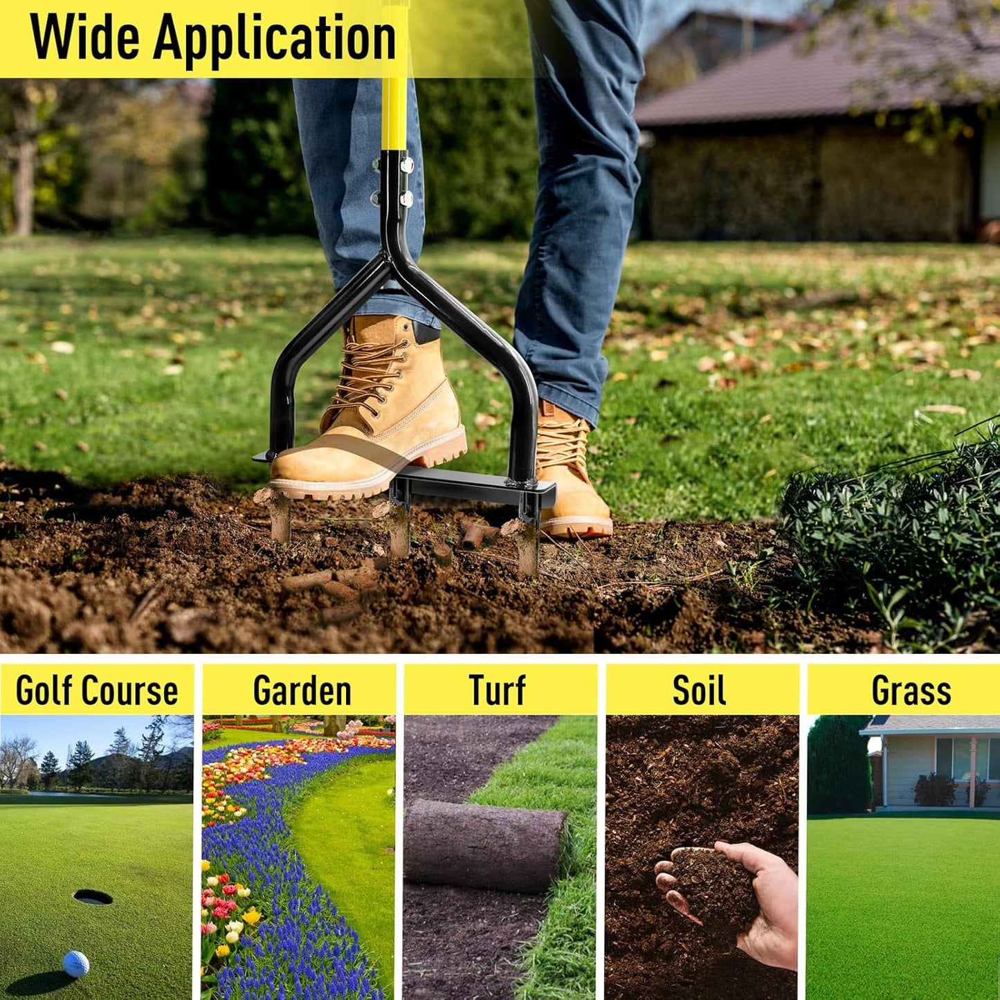 JARDINEER Manual Push Lawn Aerator Coring Tool, Plug Aerators with 3 Hollow Tine, 5-Inch Deep Yard Aeration Tool, Soil Core Aerators with Wider Handle