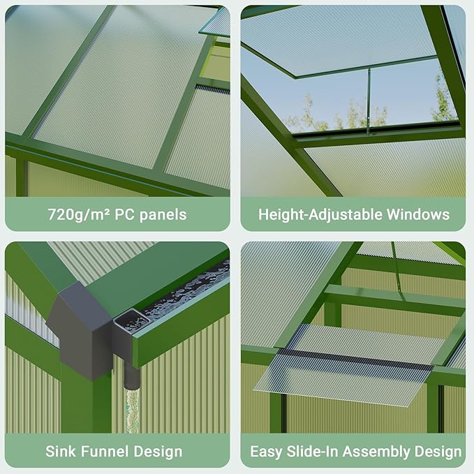 8x12 FT Greenhouse, Easy Assembly Aluminum Polycarbonate Greenhouses for Outdoors with Roof Vent, Large Aluminum Walk-in Greenhouse for Sunroom Patio, Backyard, Garden, Sliding Lockable Door, Green