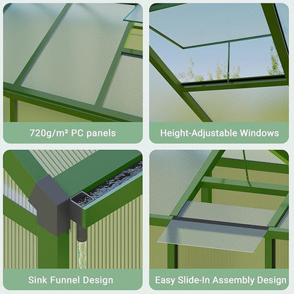 8x12 FT Greenhouse, Easy Assembly Aluminum Polycarbonate Greenhouses for Outdoors with Roof Vent, Large Aluminum Walk-in Greenhouse for Sunroom Patio, Backyard, Garden, Sliding Lockable Door, Green