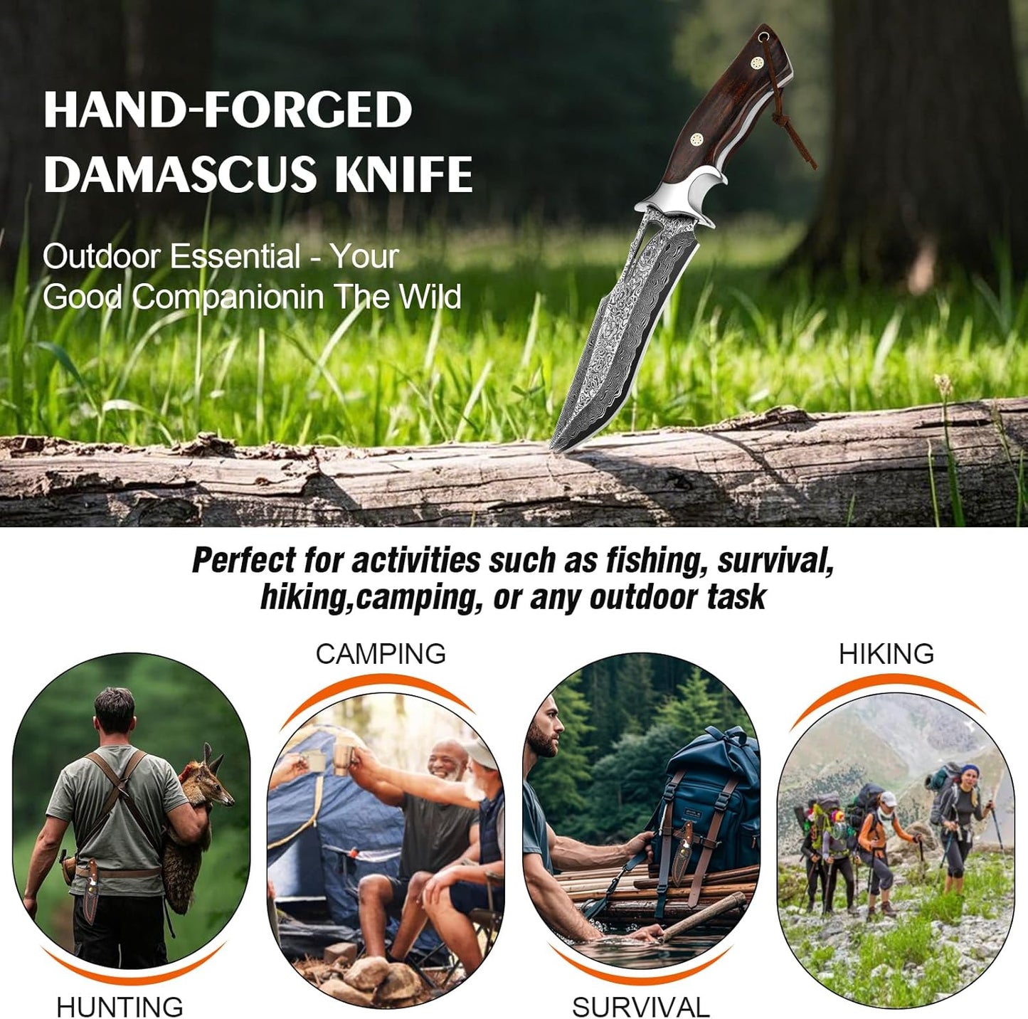 Handmade Damascus Hunting Knife,10.4"Fixed Blade Bowie Knife with Leather Sheath,Real Damascus Steel Knives with VG10 Core &Wood Handle,EDC Full Tang Knives for men women, Adventure,Survival,Hiking,Camping