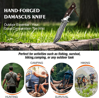 Handmade Damascus Hunting Knife,10.4"Fixed Blade Bowie Knife with Leather Sheath,Real Damascus Steel Knives with VG10 Core &Wood Handle,EDC Full Tang Knives for men women, Adventure,Survival,Hiking,Camping
