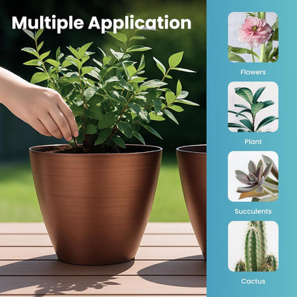 2 Pack Plastic Plant Pots with Drainage Holes, 8 inch Planter for Indoor Outdoor Plant, Garden Flower Pots for Aloe, Herbs, Cactus (Brushed Copper, 2pcs)