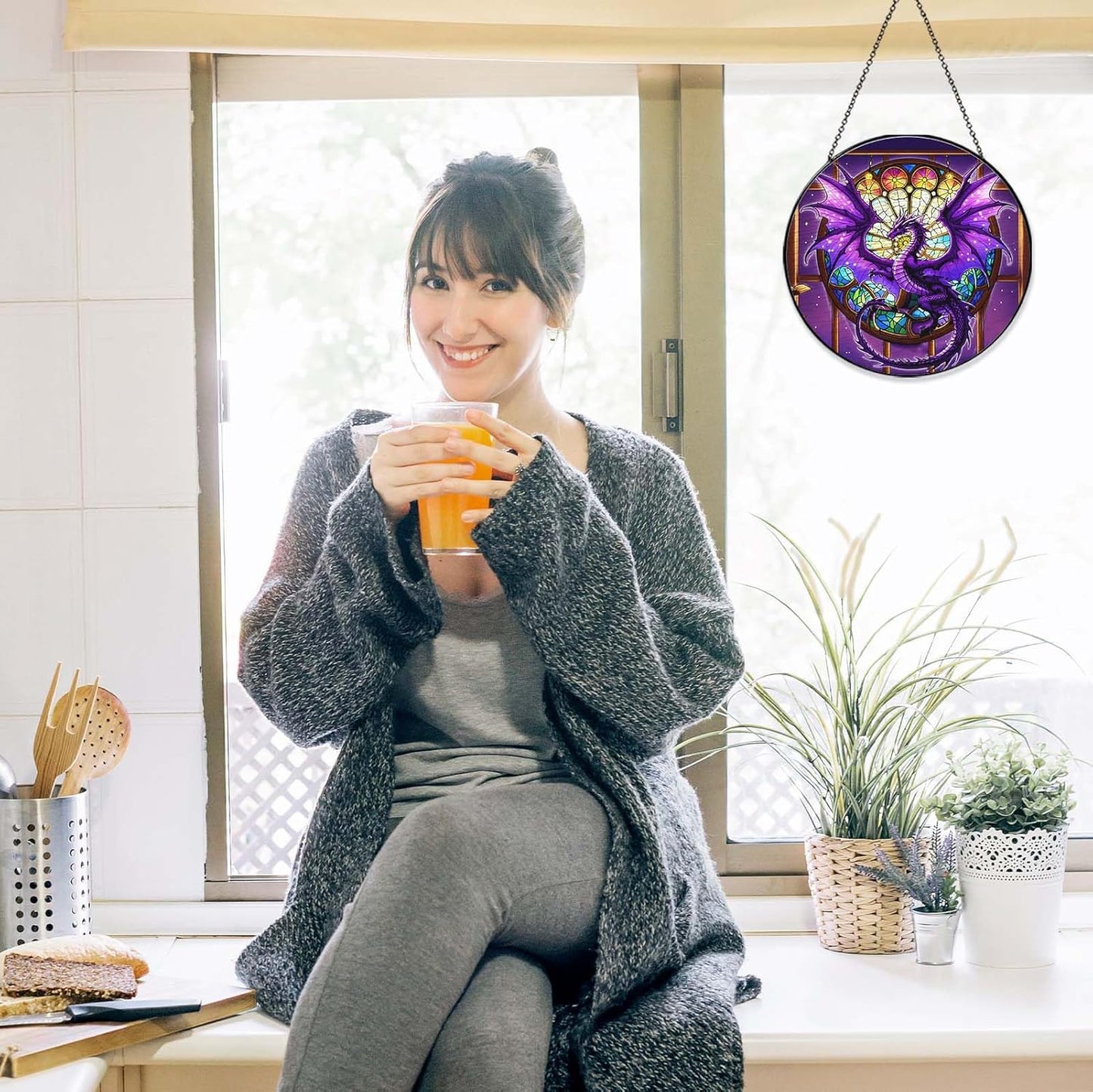 Purple Dragon Stained Glass Window Hanging Dragons SunCatcher Dragon Lovers Gifts for Kid Room Decor Handmade SunCatcher Decoration for Home Decor, 7.87inch