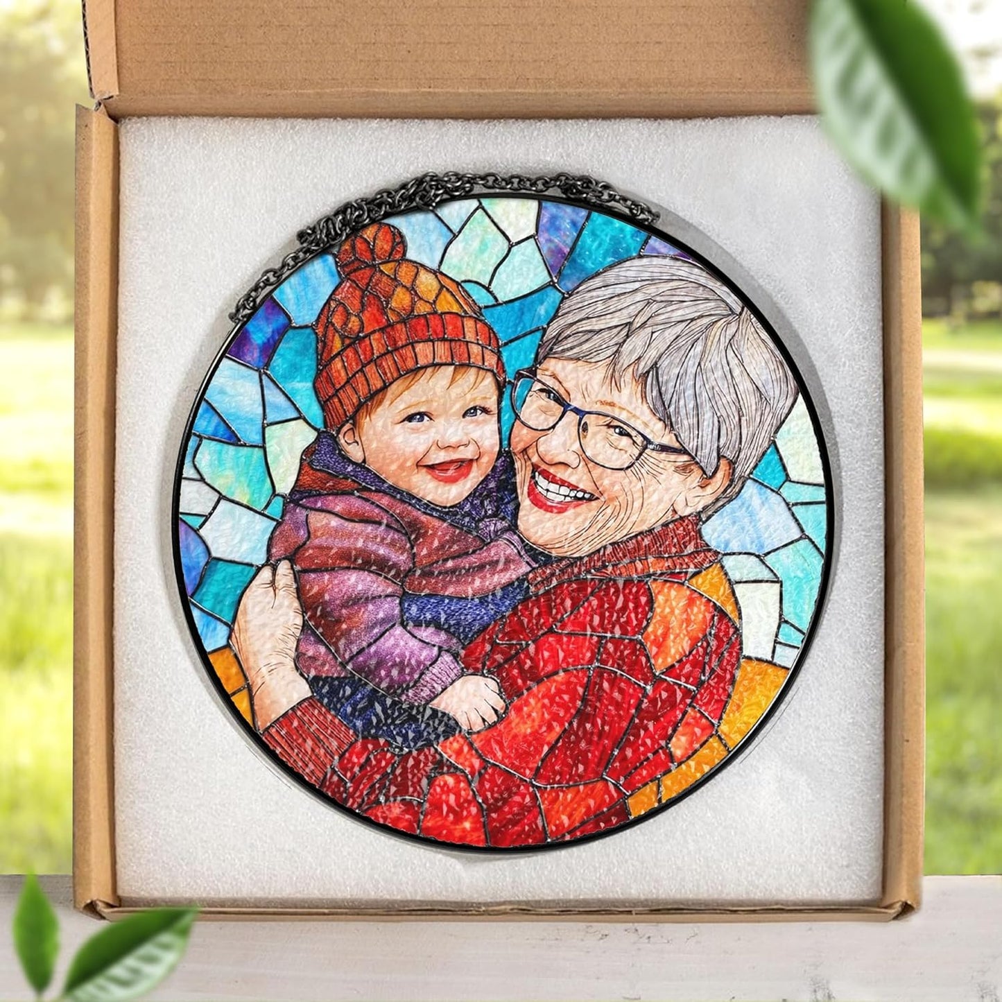 LOVELYPOD Custom Grandma and Grandkids Faux Stained Glass Sun Catcher, Personalized Family Portrait Window Hanging, Gifts for Grandma, Mom Photo Gifts, Custom