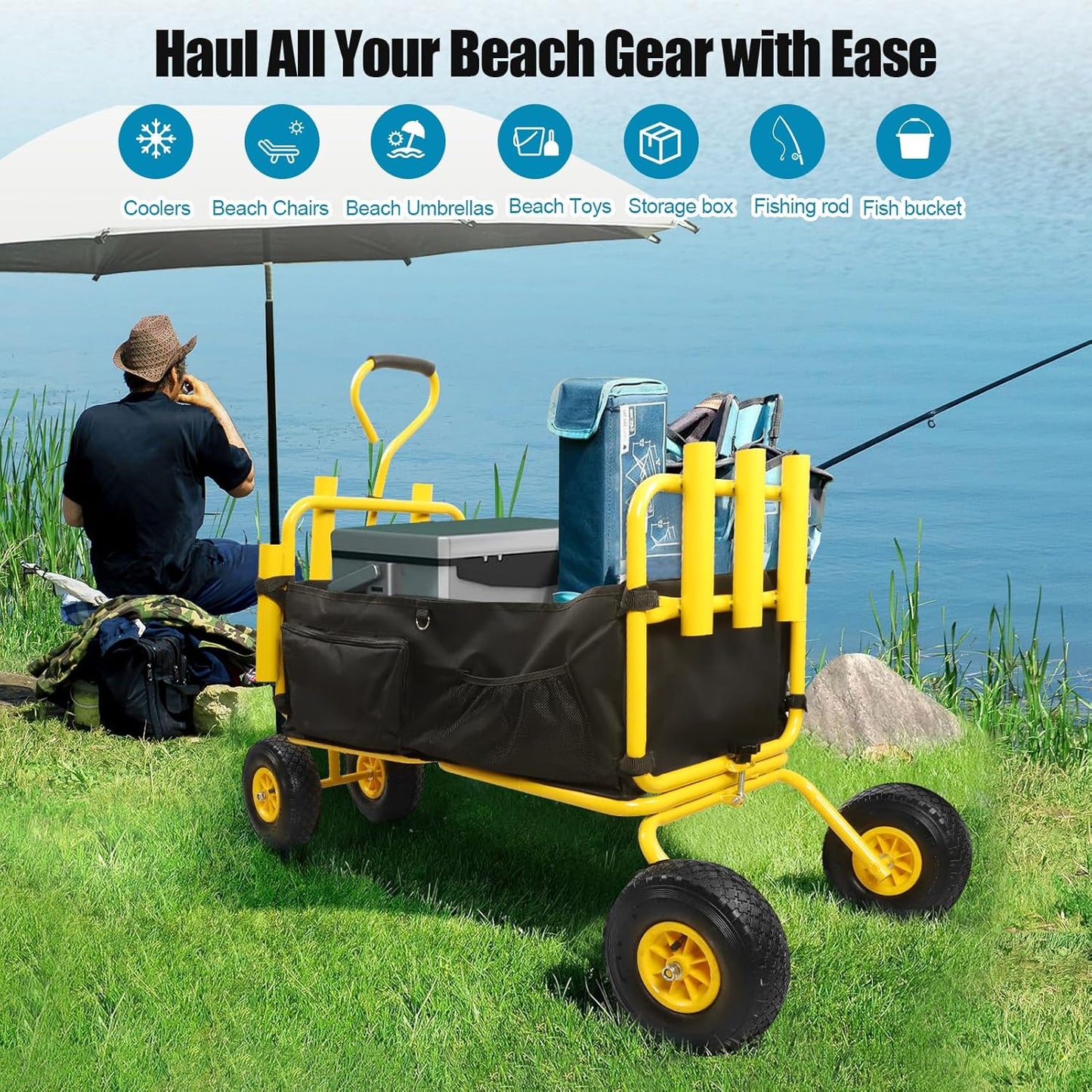 Fishing Cart,Beach Wagon Trolley Cart with 11'' All-Terrain Wheels for Sand,Heavy Duty Garden Cart with Rod Holders,Umbrella Holder and Durable Collapsible Wagon