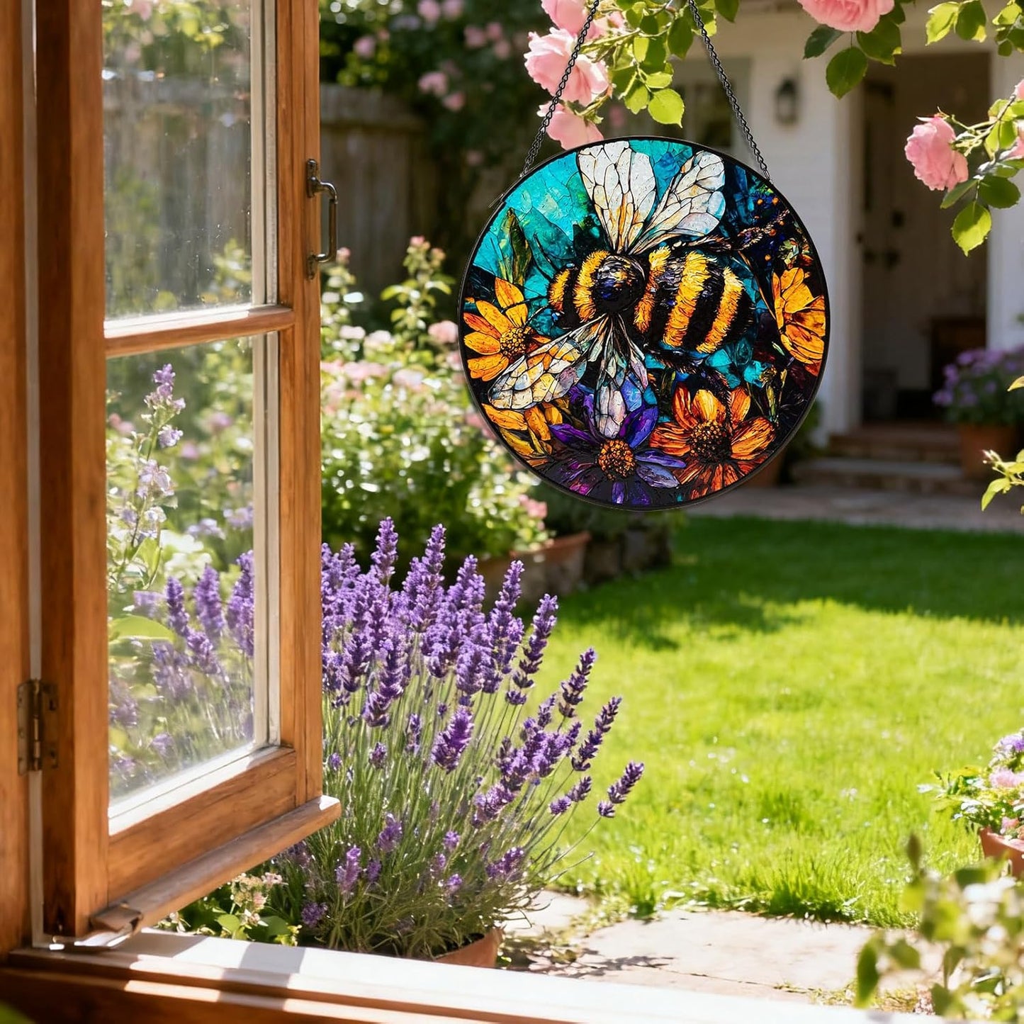 Stained Glass Window Hanging, Bee Yellow Flower Suncatcher for Doors Home Sun Catchers Decoration, Mother's Day Birthday Gifts for Women, Men, and Mom (8 Inch)