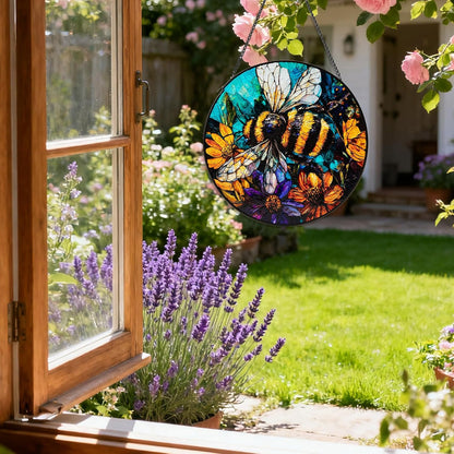 Stained Glass Window Hanging, Bee Yellow Flower Suncatcher for Doors Home Sun Catchers Decoration, Mother's Day Birthday Gifts for Women, Men, and Mom (8 Inch)