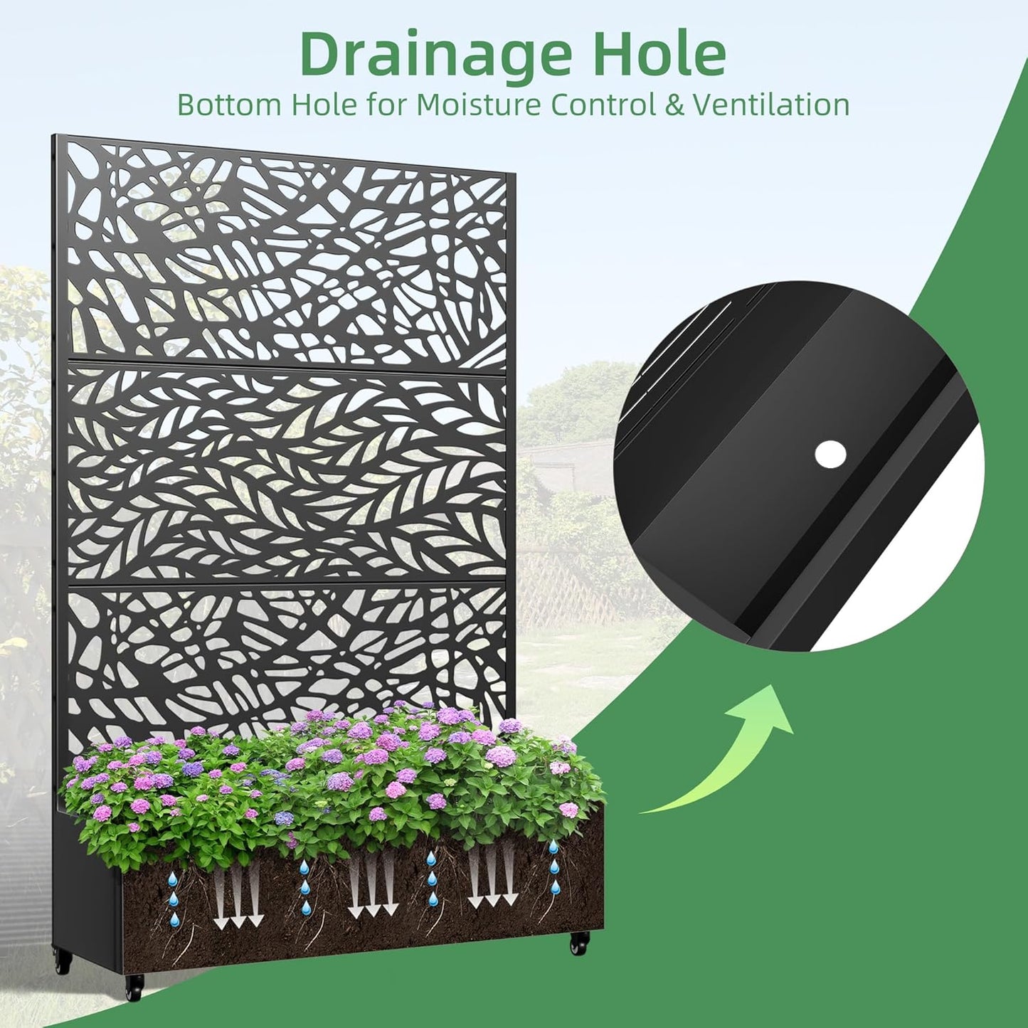 Casaphoria Metal Raised Garden Bed with Trellis and Wheels, 72"x 47"x 16" Planter Box for Climbing Plants, Vegetables & Vines, Features Drainage Holes and Privacy Screen,Black(Black-Spring&Net)