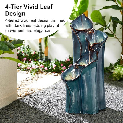 Glitzhome 31.25" H Outdoor Water Fountain with LED Lights and Pump, 4 Tier Turquoise Lotus Leaf Textured Ceramic Floor Standing Fountain, Vase Waterfall Fountains for Porch Deck Garden Patio Backyard