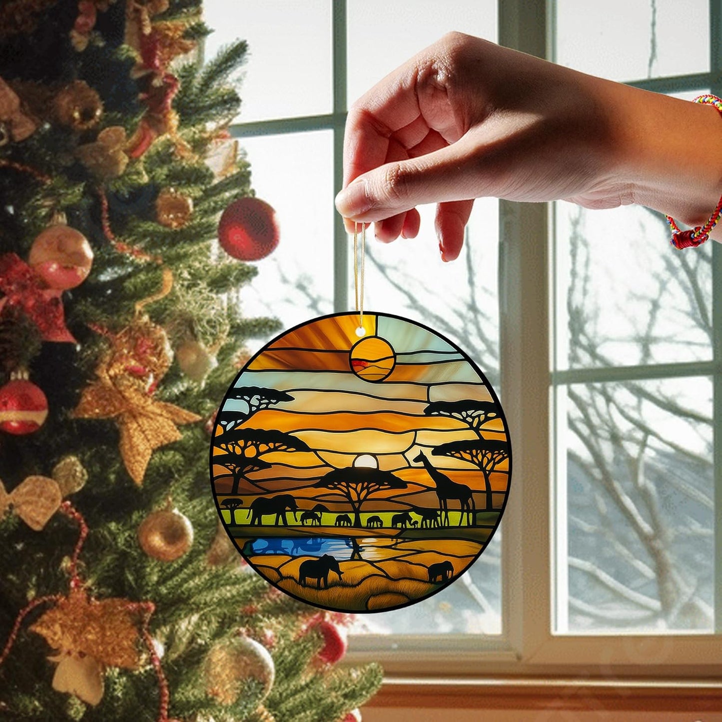 Acrylic Stained Glass Suncatcher Ornament – African Safari Sunset with Giraffes Elephants Trees – 4 Inch Acrylic Window Hanging Boho Home Décor Gift for Animal Lovers, Christmas Tree, (Sun-31)
