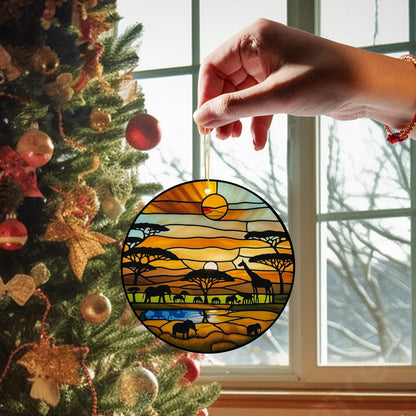 Acrylic Stained Glass Suncatcher Ornament – African Safari Sunset with Giraffes Elephants Trees – 4 Inch Acrylic Window Hanging Boho Home Décor Gift for Animal Lovers, Christmas Tree, (Sun-31)