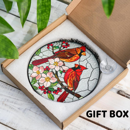 7.8" Cardinal Bird Stained Glass Suncatchers Crystal Art Glass Birds and Flowers for Sun Catcher Indoor Window Floral Gifts for Women Mom Grandma Nature Lovers Friend Painted Panel Décor BIRD-66B-SG8