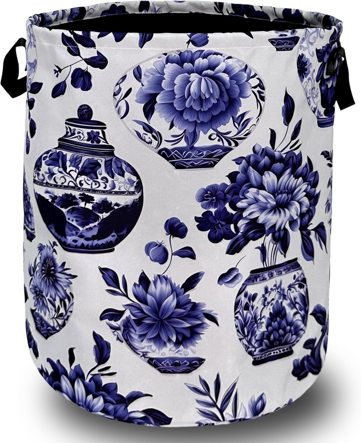 Blue White Floral Laundry Basket Foldable With Handles Vase Flower Tote Bag Oxford Cloth Color Laundry Hamper Clothes Storage Bucket Toy Organizer For Bathroom/Laundry/Bedroom 18.9"x16.5 "