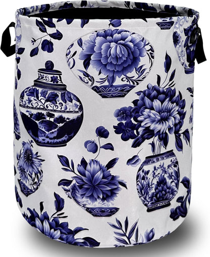 Blue White Floral Laundry Basket Foldable With Handles Vase Flower Tote Bag Oxford Cloth Color Laundry Hamper Clothes Storage Bucket Toy Organizer For Bathroom/Laundry/Bedroom 18.9"x16.5 "