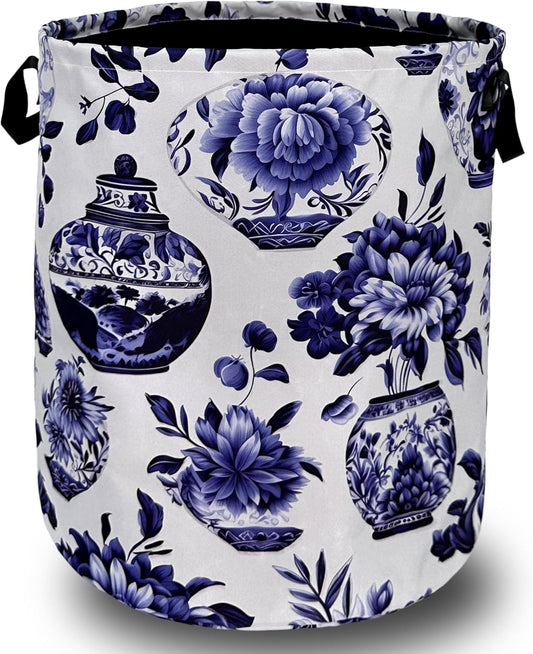 Blue White Floral Laundry Basket Foldable With Handles Vase Flower Tote Bag Oxford Cloth Color Laundry Hamper Clothes Storage Bucket Toy Organizer For Bathroom/Laundry/Bedroom 18.9"x16.5 "