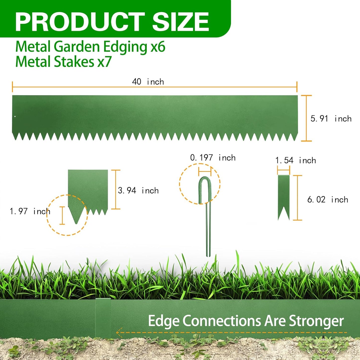 Metal Landscape Edging 6 Pack 40" L x 6" H,Galvanized Bendable Metal Garden Edging,Hammer- in Steel Landscape Edging with a Pair of Gloves and 7 Clips,Green (20 FT Total)