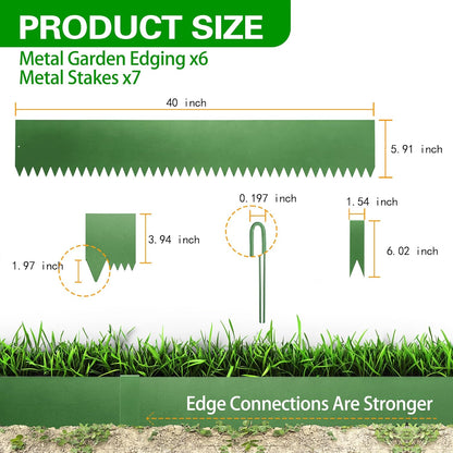 Metal Landscape Edging 6 Pack 40" L x 6" H,Galvanized Bendable Metal Garden Edging,Hammer- in Steel Landscape Edging with a Pair of Gloves and 7 Clips,Green (20 FT Total)