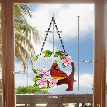 Red Bird Stained Glass Hanging Ornament – 5x6 Inch Hand-Painted Floral Sun Catcher – Window/Garden/Home Decor – Unique Gift for Friends, Family, Holidays