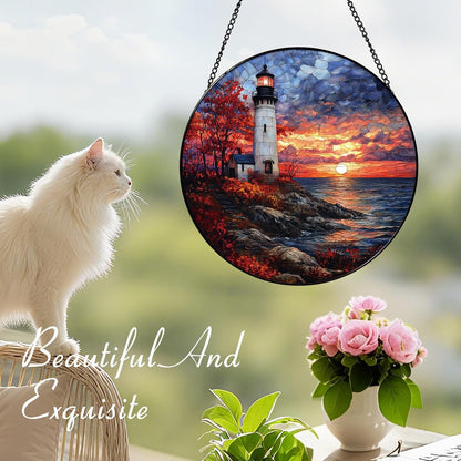 Coastal Lighthouse in Autumn Suncatcher -7.9 in Stained Glass Window Hanging Sun Catcher Garden Decor