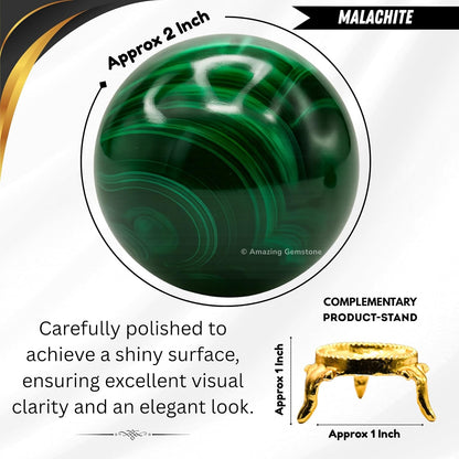 Amazing Gemstone Malachite Crystal Ball with Stand - 2" Inches Crystal Sphere Meditation Balls for Witchcraft and Decorative Balls