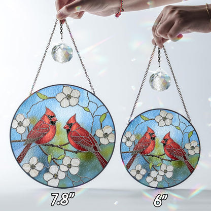 6" Cardinal Bird Stained Glass Suncatchers Art Glass Red Birds and Flowers for Sun Catcher Indoor Window Gifts for Nature Floral Bird Lovers Memorial Gift for Women Painted Panel Décor BIRD-37B-SG6