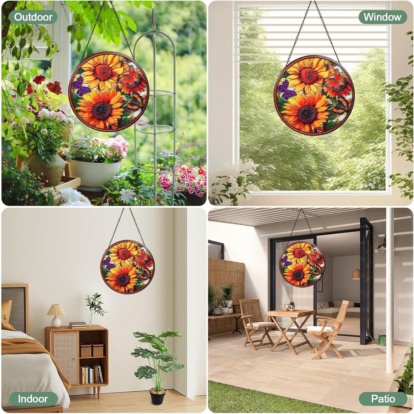 Sunflowers Handmade Stained Glass Window Hanging Suncatcher with Chain - 7.9" Outdoor/Indoor Art Decor for Home Garden, Wedding, Mother's, Valentine's & Christmas Ornaments Present