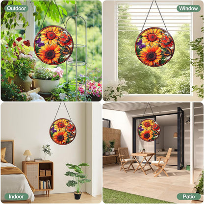 Sunflowers Handmade Stained Glass Window Hanging Suncatcher with Chain - 7.9" Outdoor/Indoor Art Decor for Home Garden, Wedding, Mother's, Valentine's & Christmas Ornaments Present