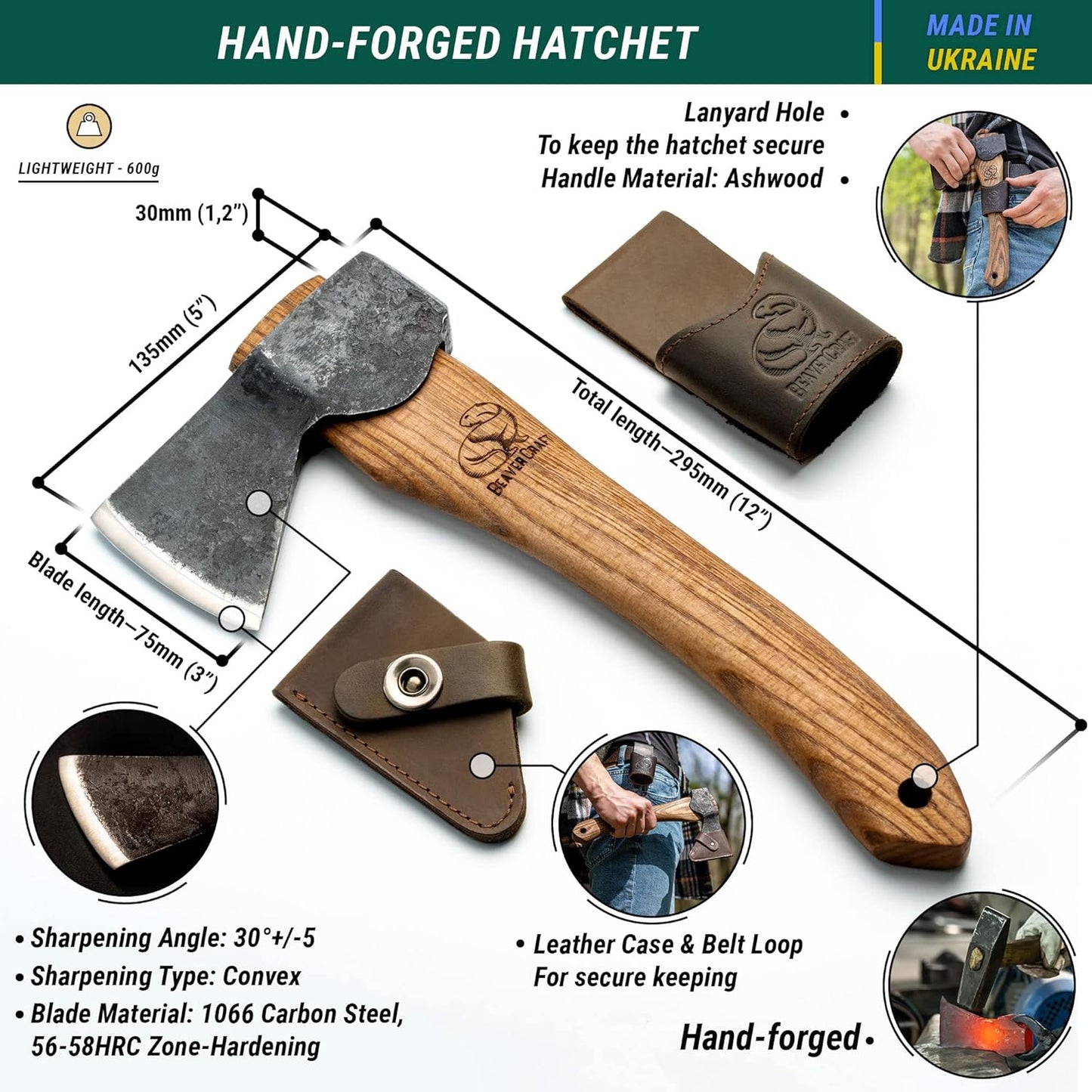 BeaverCraft Wood Carving Axe Hatchet with Sheath AX1 - Forged Axes Bushcraft Hatchet for Camping - Small Forest Axe for Chopping, Splitting - Gardening Axes with Wooden Handle, Wood Carving Tools