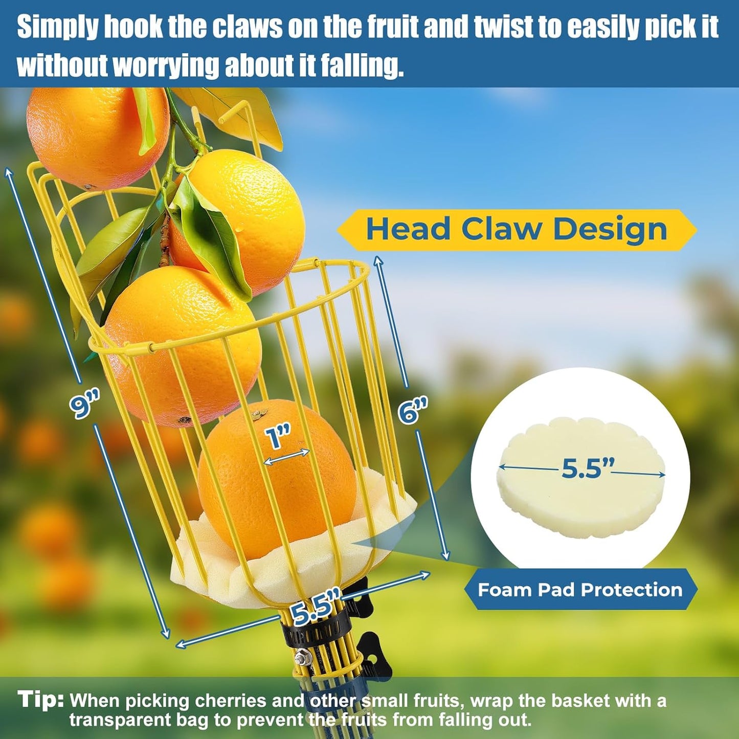 Fruit Picker Pole Tool – Ladder-Free Harvesting Aid, Safe for Elderly and Children, Durable Stainless Steel Design – Adjustable Long Pole Picker for Apples, Avocados, Oranges, Grapefruit, Plums, Pear
