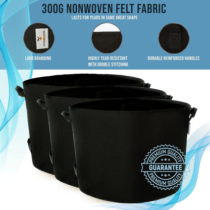 Grow Bags: 5-Pack (Size: 5 Gallon): 300gsm Black Felt Fabric, Biodegradable and eco-Friendly Material. (Handles + Dumping Handles-pat.Pend).