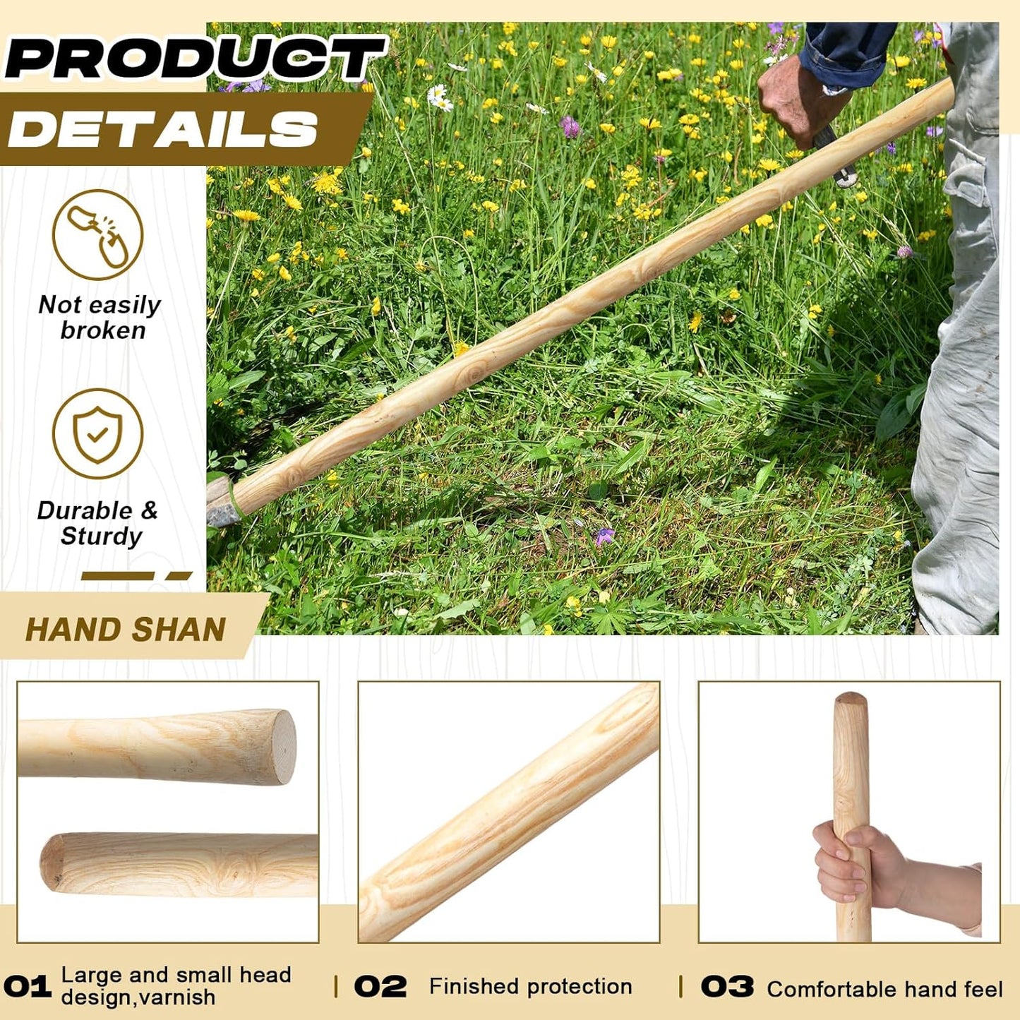 Lasnten 2 Pcs 55 Inch Pure Solid Wood Replacement Hoe Handle for Garden Digging Spading Fork, Shovel Handle Replacement, 1.38-1.77 Inch Diameter