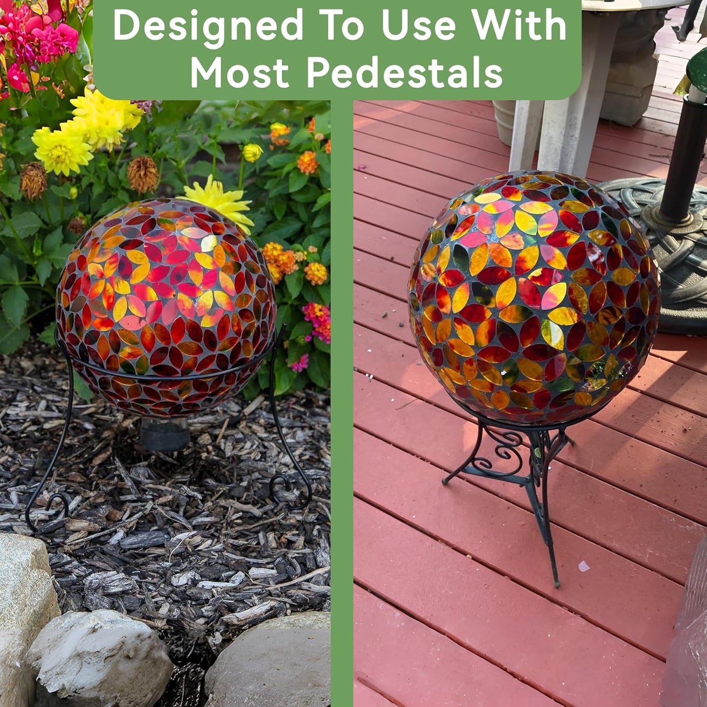 Lily's Home Colorful Mosaic Glass Gazing Ball, Designed with a Stunning Holographic Petal Mosaic Pattern to Bring Color and Reflection to Any Home and Garden, Red and Gold (10" Diameter)