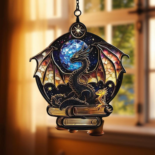 Dragon and Book Acrylic Suncatcher Stained Glass Effect Bookworm Window Car Hanging Christmas