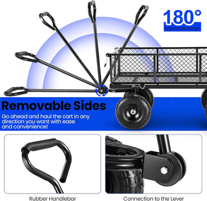 TEANDE Garden Cart, Heavy Duty 880Lbs Capacity Mesh Steel Garden Cart with Removable Sides to Convert into Flatbed, Utility Metal Wagon with 180° Rotating Handle and 10 in Tires, Black