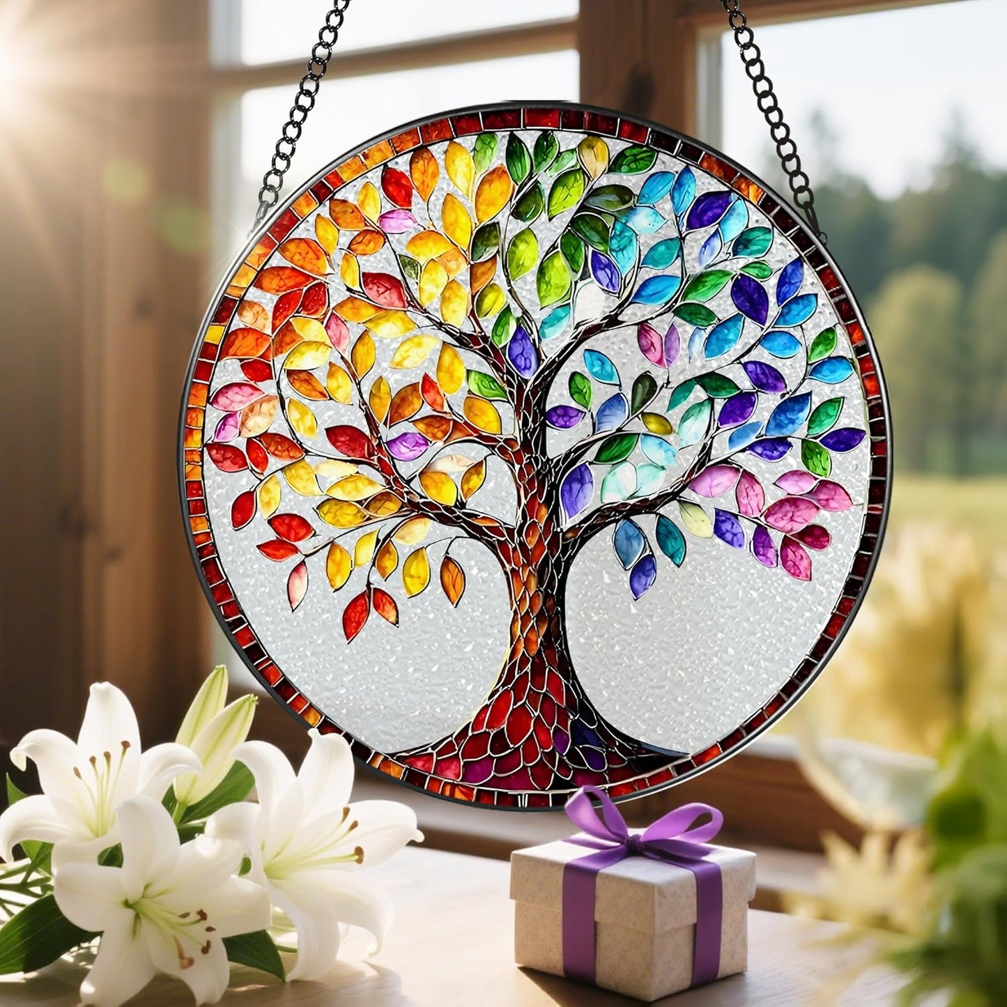 8'' Tree of Life Sun Catcher Ornament, Stained Glass Window Hanging, Suncatchers for Windows Hanging Ornaments, Window Decor | Housewarming Gift, Gifts for Mom & Grandma