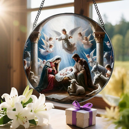 Stained Glass Window Hanging, LAOWEIKI 8'' Nativity Scene Suncatcher, Stained Glass Ornament, Nativity Scene Window Decor, Outdoor or Indoor, Christian Gifts, Religious Gifts for Women