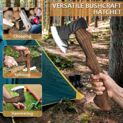 14.7" Hatchet, Camping Hatchets with 1065 Carbon Steel & Wooden Handle, Bushcraft Hatchet with Leather Sheath and Sharpener, Survival Axe for Wood Chopping, Cutting and Splitting