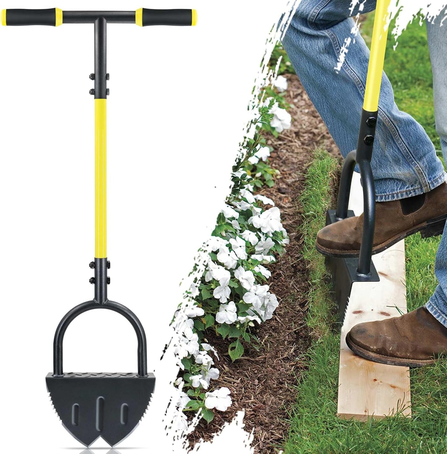Jardineer Edger Lawn Tool Long Handle, Upgraded Manual Grass Edger with Double V-Shaped Serrated Edge Blade and Wide Footplate, Edgers for Landscaping Yard Maintenance