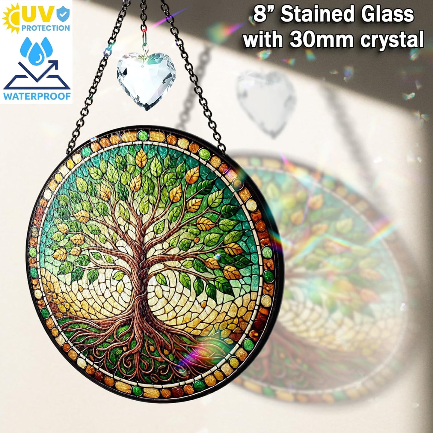 Personalized Tree of Life Stained Glass Suncatcher for Window, Handcrafted Boho Sun Catcher Decor, Spiritual Nature Ornament Gift for Women, Meditation Garden Home Office Wall Hanging Decoration