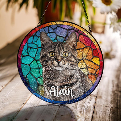 Personalized Pet Stained Glass Suncatcher Custom Name Pet Photo Ornament Window Hanging Home Decor Sympathy Gift for Loss of Pet Dog Cat Memorial Keepsake Remembrance Gift for Dog Lovers