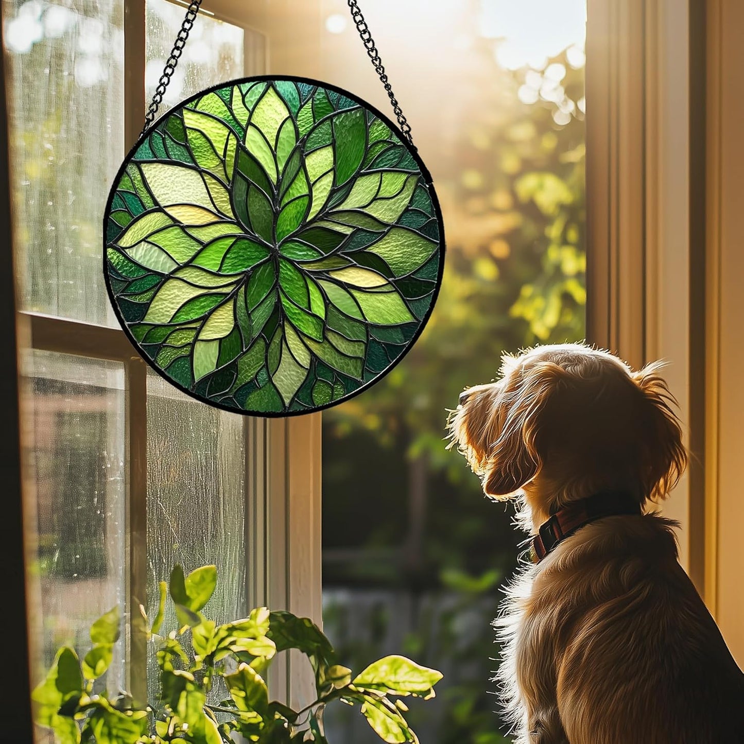 Stained Glass Window Hanging - Green Gradient Flowers Suncatcher for Doors Window Home Plant Sun Catchers Decor Christmas Mother's Day Birthday Gifts for Teacher Women Men Mom Nana 11.8 in