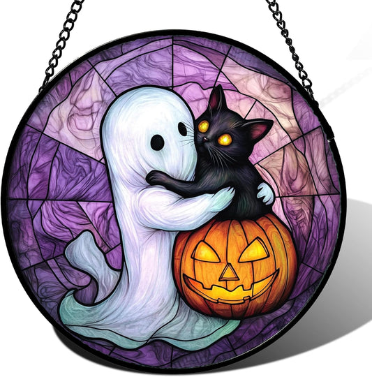 Stained Glass Window Hanging - Halloween Decorations Ghost Black Cat Pumpkin Suncatcher for Door