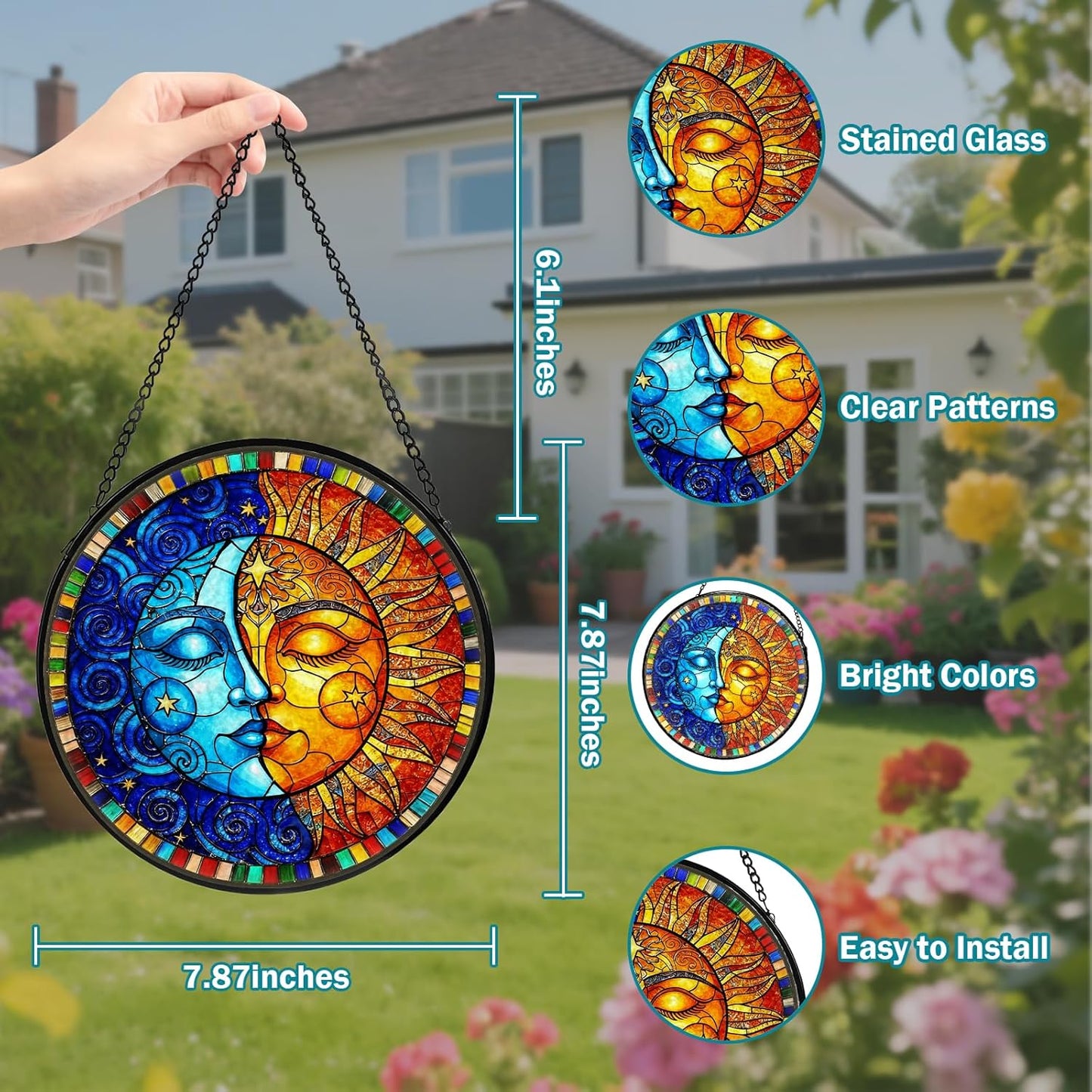 Sun and Moon Stained Glass Window Hanging, Suncatcher for Window Hanging, Moon Sun Catchers Indoor Windows Wall Art for Mom Grandma, Christmas Thanksgiving Gift, for Home Garden Office 7.87 inches