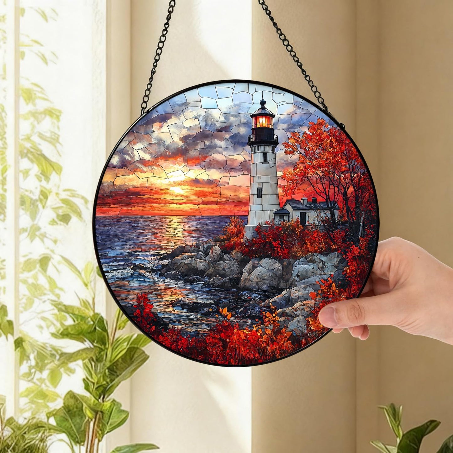 Coastal Lighthouse in Autumn Suncatcher -7.9 in Stained Glass Window Hanging Sun Catcher Garden Decor
